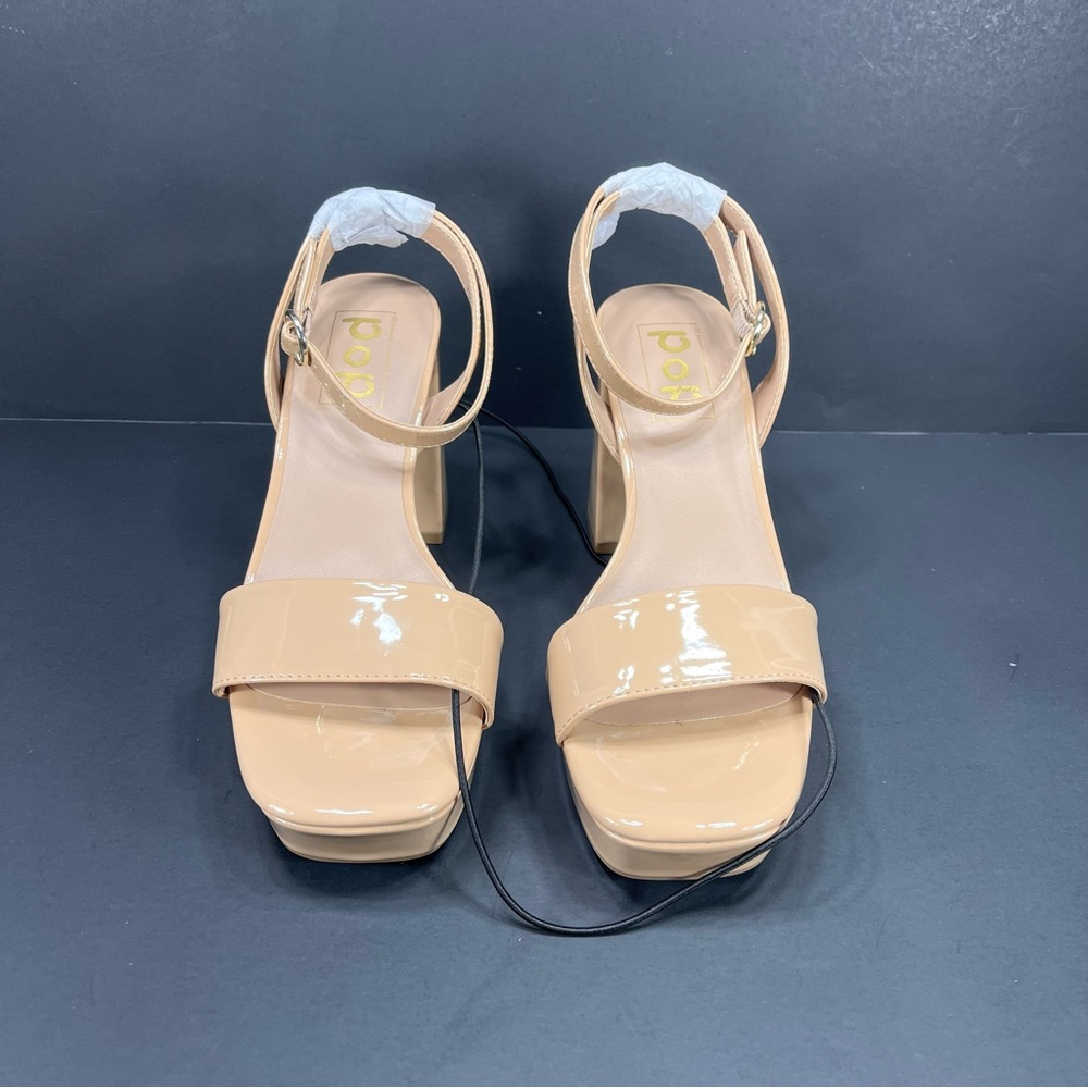 pop Tan Nude Patent Block Chunky Heel Sandals with Ankle Strap new in box size 7 - Picture 2 of 11